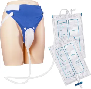 Wearable Urine Collector Set with 2 Drainage Bags (1000ml/2000ml), Reusable Silicone Catheter, Adjustable Cotton Pants, Elderly Men Blue