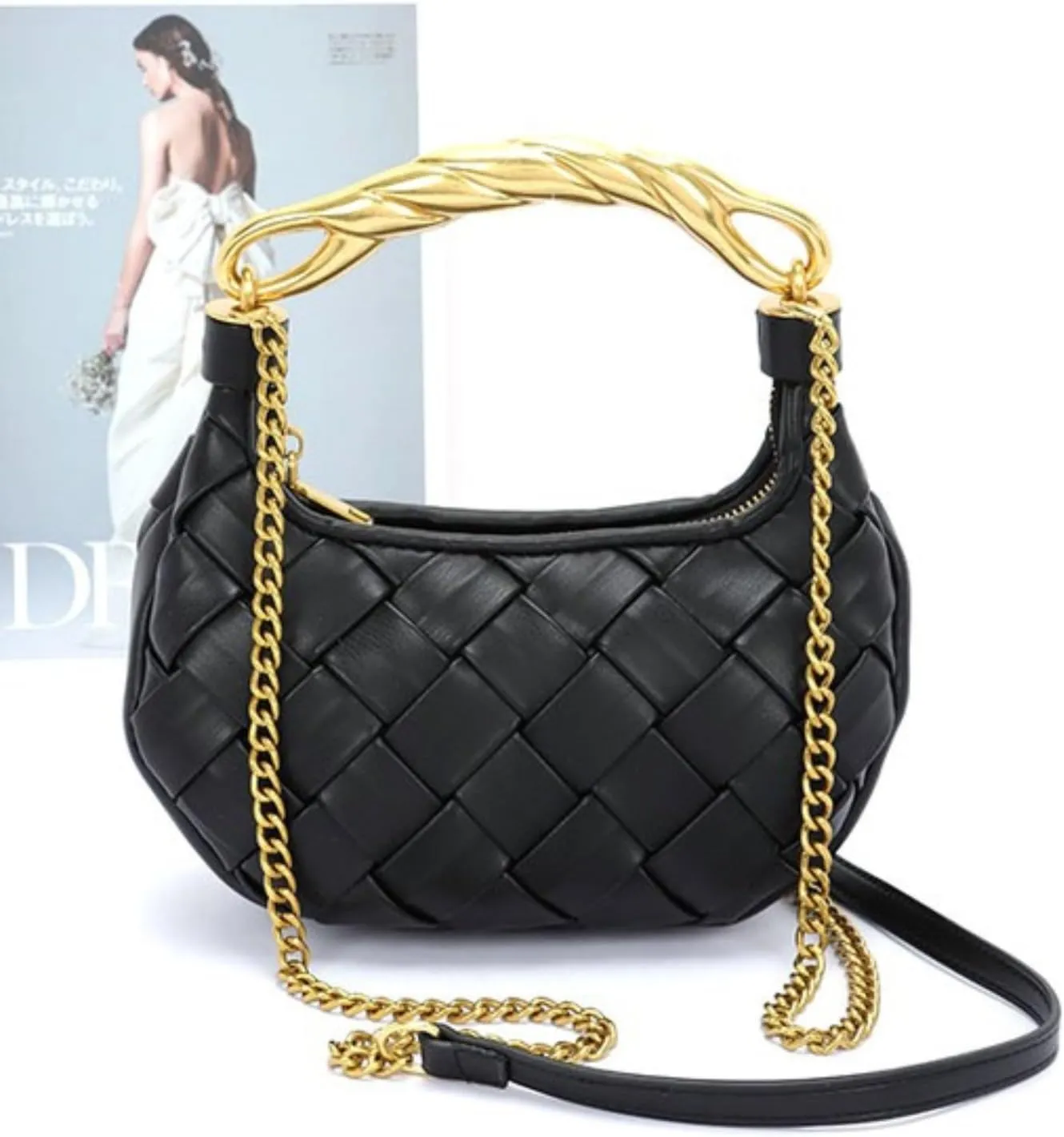 Weave Handbag PU Leather Shoulder Bag for Women Luxury Designer Round Tote Purse with Gold Chain Round Crossbody Bag