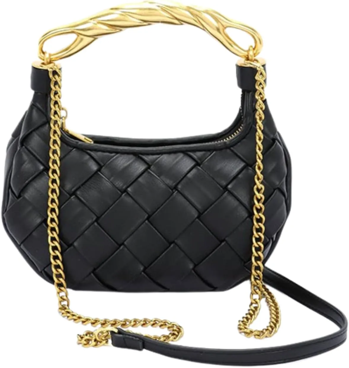 Weave Handbag PU Leather Shoulder Bag for Women Luxury Designer Round Tote Purse with Gold Chain Round Crossbody Bag