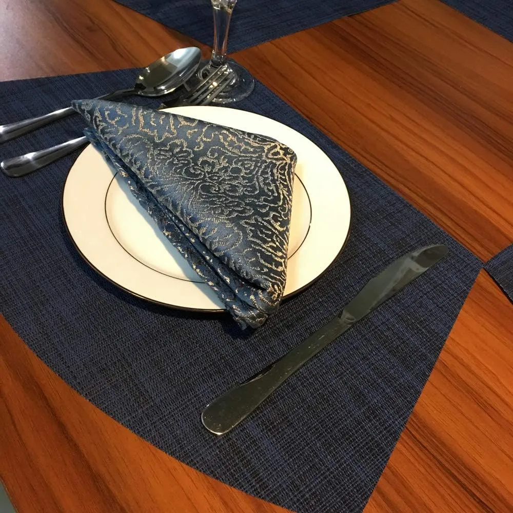 Wedge Placemats,Set of 7 Vinyl Placemats for Round Tables Woven Non-Slip Heat-Resistant Easy to Clean Wipeable Washable Dinner Table Mats（Navy Blue）
