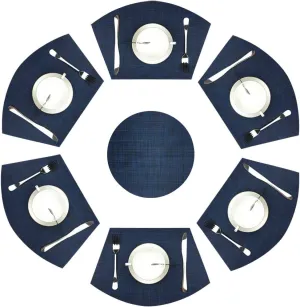 Wedge Placemats,Set of 7 Vinyl Placemats for Round Tables Woven Non-Slip Heat-Resistant Easy to Clean Wipeable Washable Dinner Table Mats（Navy Blue）