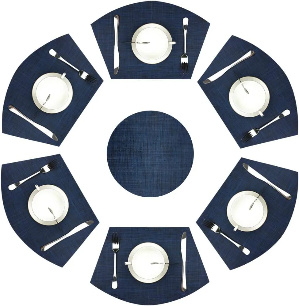 Wedge Placemats,Set of 7 Vinyl Placemats for Round Tables Woven Non-Slip Heat-Resistant Easy to Clean Wipeable Washable Dinner Table Mats（Navy Blue）