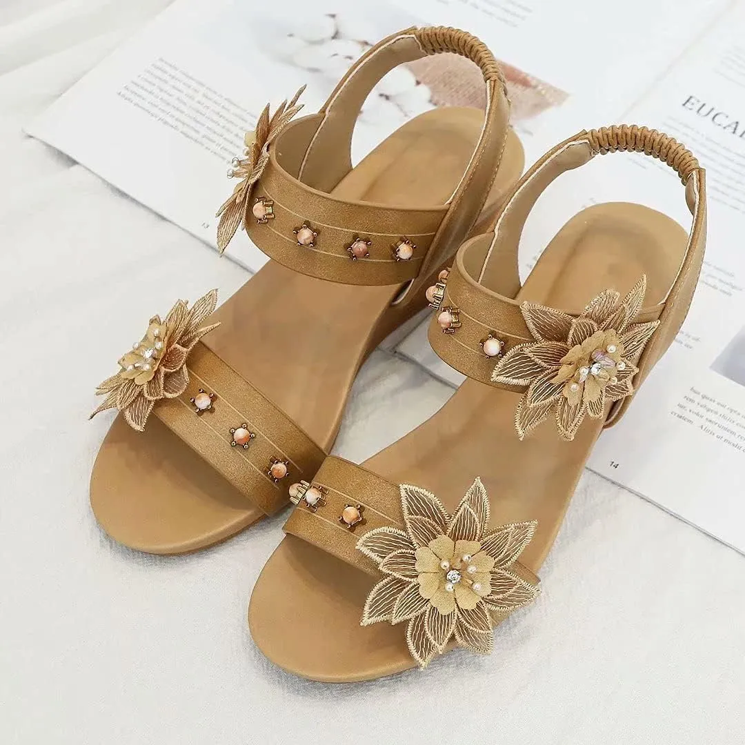 Wedge Sandals for Women Casual Summer Bohemian Rhinestone Beaded Platform Sandals Breathable Cutout Open Toe Elastic Band Dress Sandals Comfy Elastic Slingback T Strap Mid Heeled Beach Sandals