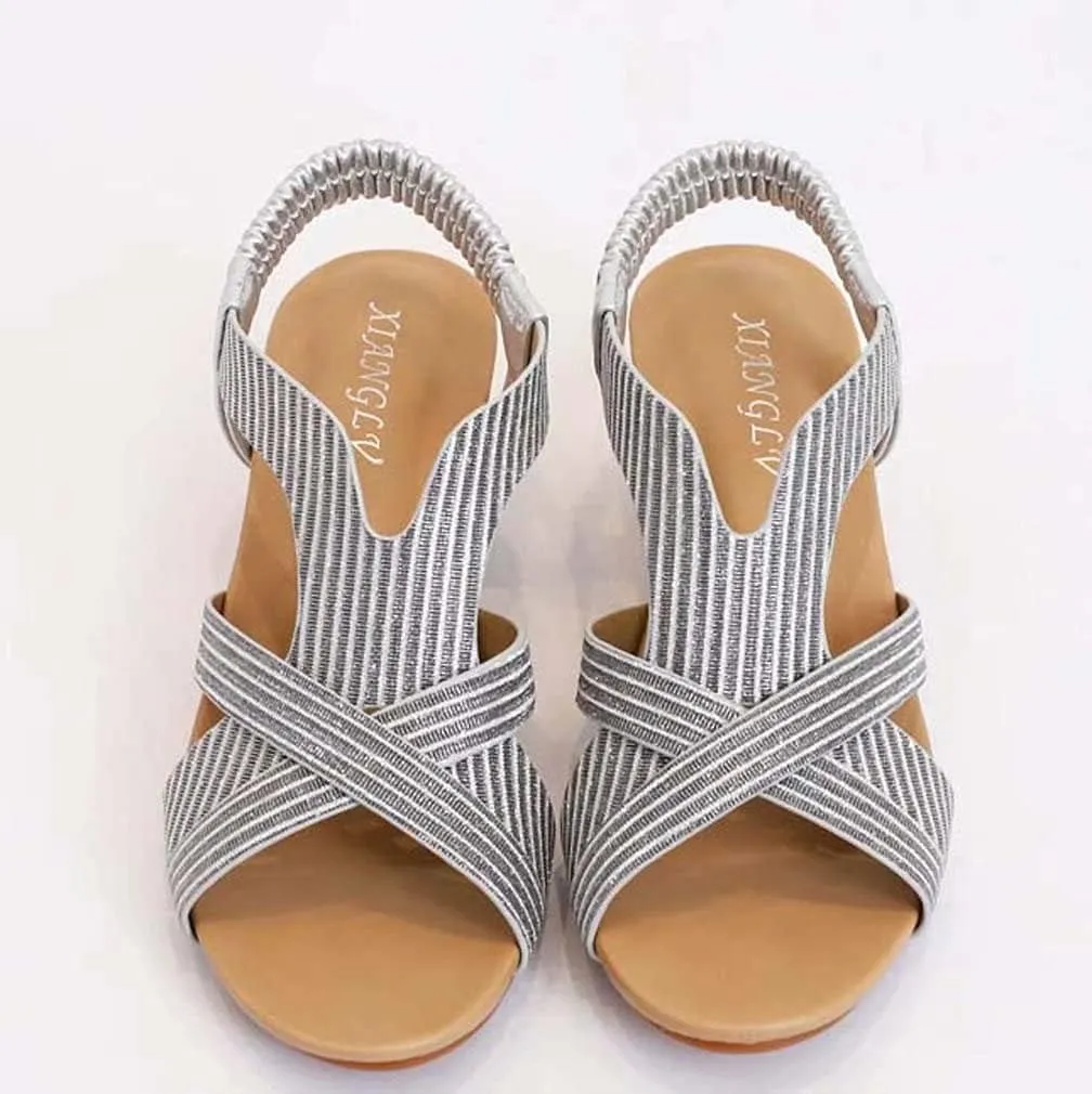 Wedge Sandals for Women Casual Summer Bohemian Rhinestone Beaded Platform Sandals Breathable Cutout Open Toe Elastic Band Dress Sandals Comfy Elastic Slingback T Strap Mid Heeled Beach Sandals