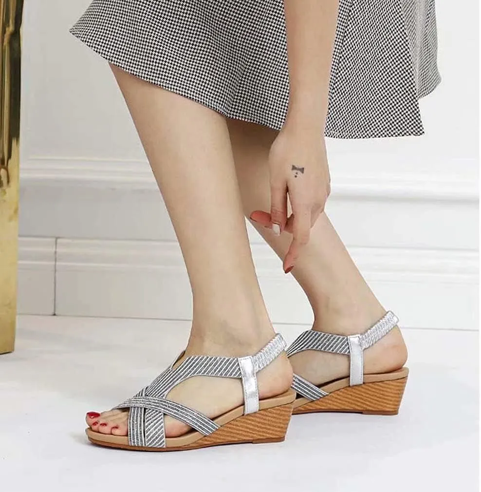 Wedge Sandals for Women Casual Summer Bohemian Rhinestone Beaded Platform Sandals Breathable Cutout Open Toe Elastic Band Dress Sandals Comfy Elastic Slingback T Strap Mid Heeled Beach Sandals
