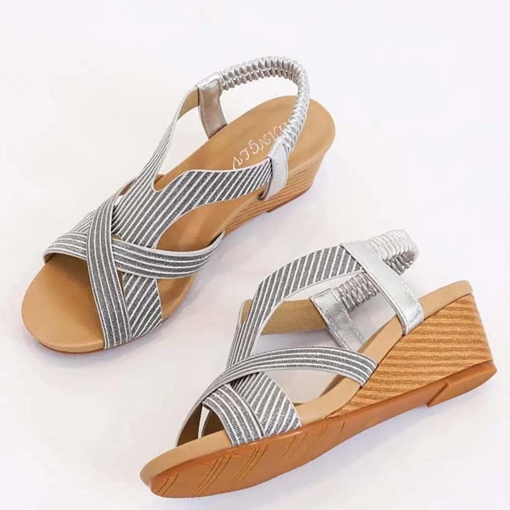 Wedge Sandals for Women Casual Summer Bohemian Rhinestone Beaded Platform Sandals Breathable Cutout Open Toe Elastic Band Dress Sandals Comfy Elastic Slingback T Strap Mid Heeled Beach Sandals