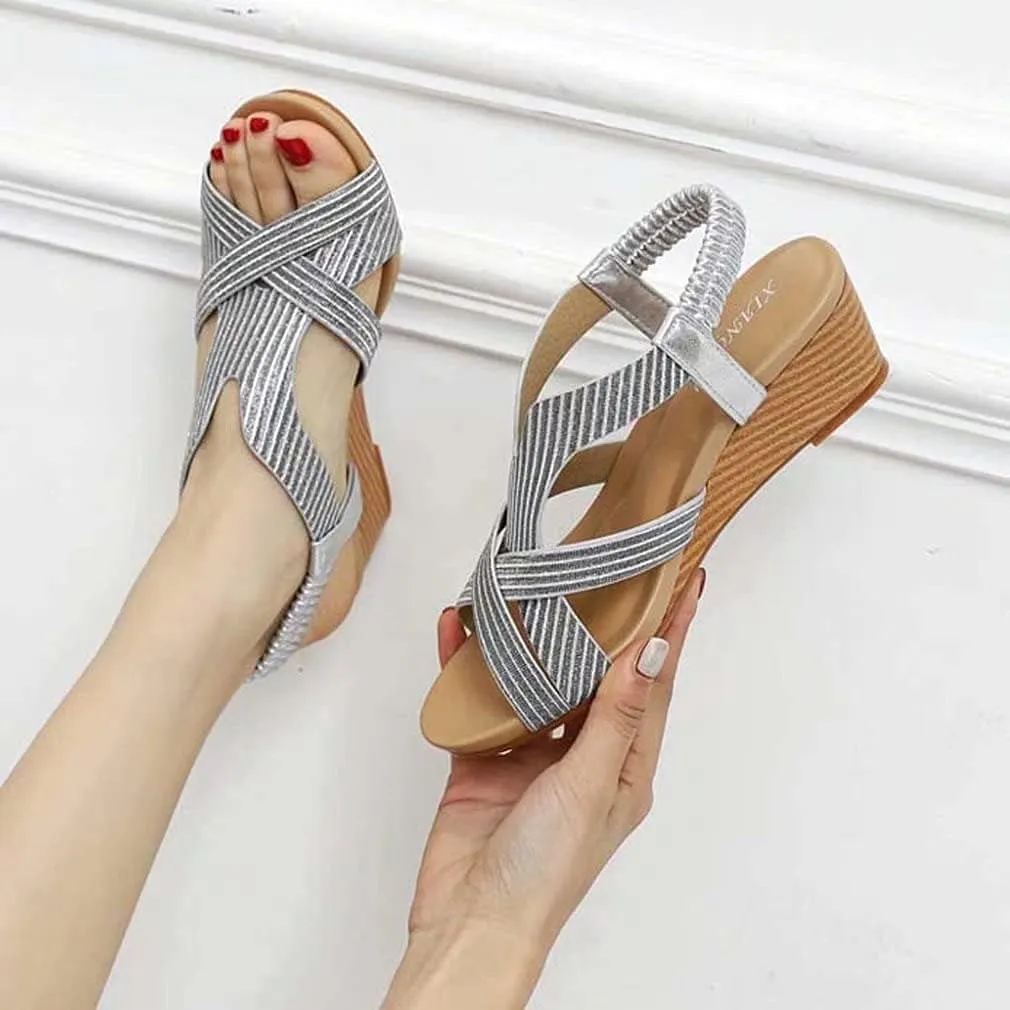 Wedge Sandals for Women Casual Summer Bohemian Rhinestone Beaded Platform Sandals Breathable Cutout Open Toe Elastic Band Dress Sandals Comfy Elastic Slingback T Strap Mid Heeled Beach Sandals