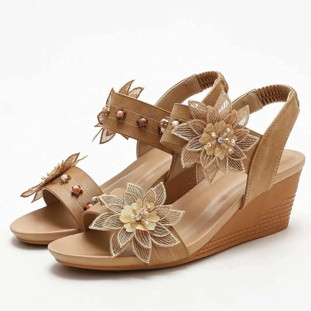 Wedge Sandals for Women Casual Summer Bohemian Rhinestone Beaded Platform Sandals Breathable Cutout Open Toe Elastic Band Dress Sandals Comfy Elastic Slingback T Strap Mid Heeled Beach Sandals