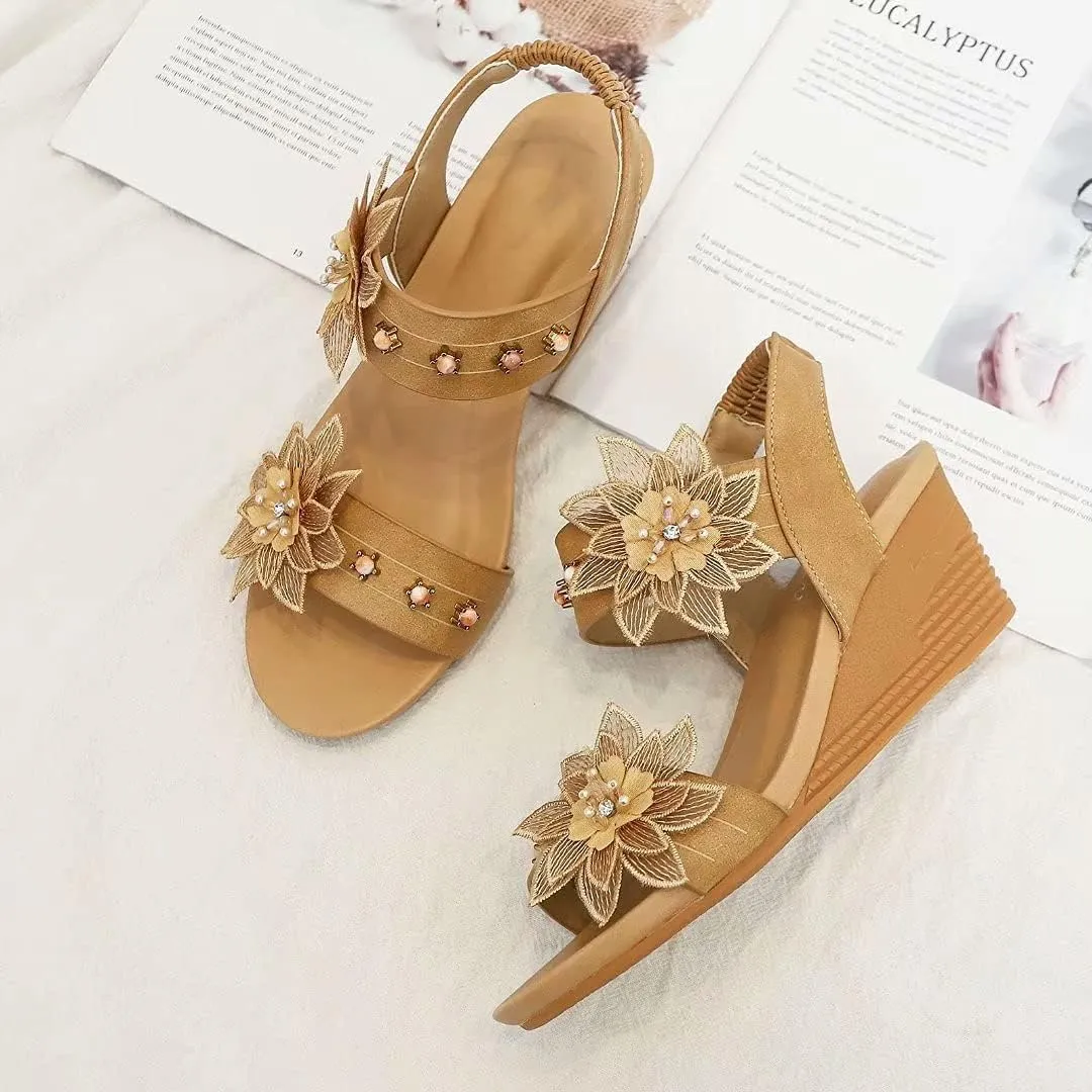 Wedge Sandals for Women Casual Summer Bohemian Rhinestone Beaded Platform Sandals Breathable Cutout Open Toe Elastic Band Dress Sandals Comfy Elastic Slingback T Strap Mid Heeled Beach Sandals
