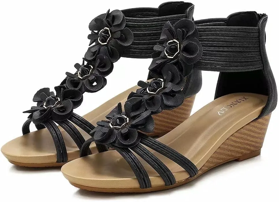 Wedge Sandals for Women Casual Summer Bohemian Rhinestone Beaded Platform Sandals Breathable Cutout Open Toe Elastic Band Dress Sandals Comfy Elastic Slingback T Strap Mid Heeled Beach Sandals