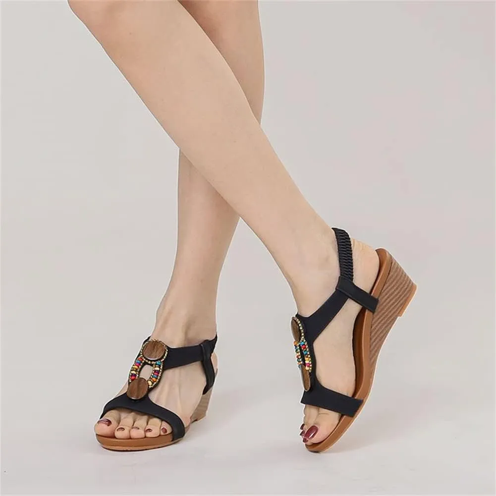 Wedge Sandals for Women Casual Summer Bohemian Rhinestone Beaded Platform Sandals Breathable Cutout Open Toe Elastic Band Dress Sandals Comfy Elastic Slingback T Strap Mid Heeled Beach Sandals