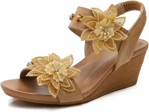 Wedge Sandals for Women Casual Summer Bohemian Rhinestone Beaded Platform Sandals Breathable Cutout Open Toe Elastic Band Dress Sandals Comfy Elastic Slingback T Strap Mid Heeled Beach Sandals