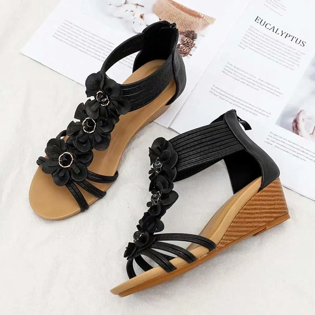Wedge Sandals for Women Casual Summer Bohemian Rhinestone Beaded Platform Sandals Breathable Cutout Open Toe Elastic Band Dress Sandals Comfy Elastic Slingback T Strap Mid Heeled Beach Sandals