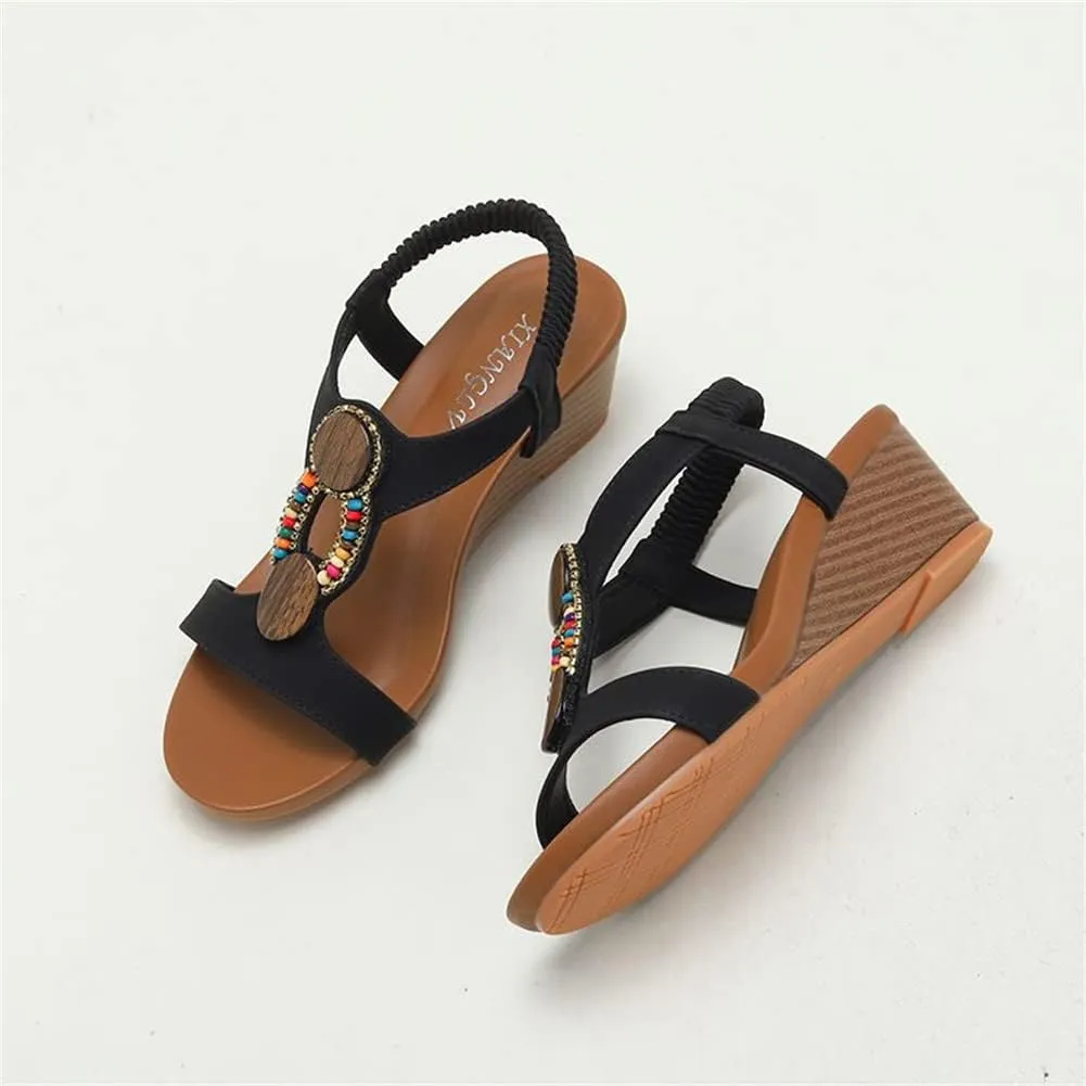 Wedge Sandals for Women Casual Summer Bohemian Rhinestone Beaded Platform Sandals Breathable Cutout Open Toe Elastic Band Dress Sandals Comfy Elastic Slingback T Strap Mid Heeled Beach Sandals