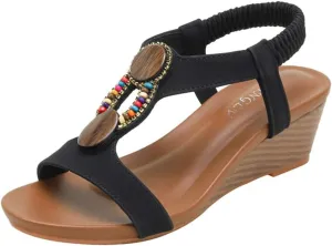 Wedge Sandals for Women Casual Summer Bohemian Rhinestone Beaded Platform Sandals Breathable Cutout Open Toe Elastic Band Dress Sandals Comfy Elastic Slingback T Strap Mid Heeled Beach Sandals