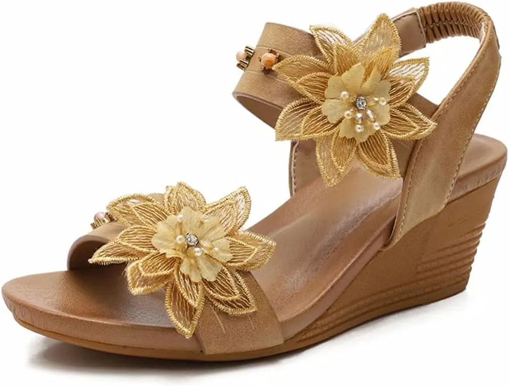 Wedge Sandals for Women Casual Summer Bohemian Rhinestone Beaded Platform Sandals Breathable Cutout Open Toe Elastic Band Dress Sandals Comfy Elastic Slingback T Strap Mid Heeled Beach Sandals