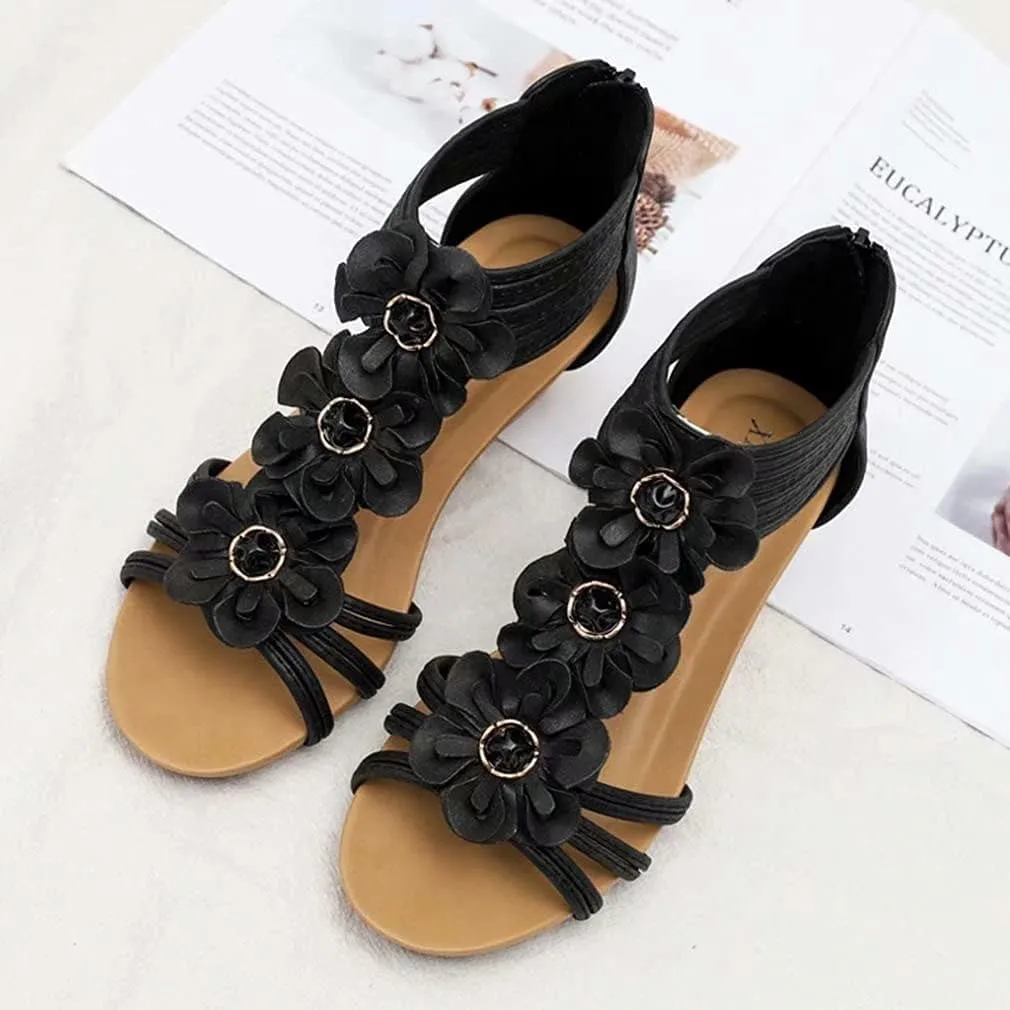 Wedge Sandals for Women Casual Summer Bohemian Rhinestone Beaded Platform Sandals Breathable Cutout Open Toe Elastic Band Dress Sandals Comfy Elastic Slingback T Strap Mid Heeled Beach Sandals