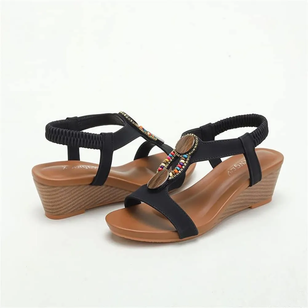 Wedge Sandals for Women Casual Summer Bohemian Rhinestone Beaded Platform Sandals Breathable Cutout Open Toe Elastic Band Dress Sandals Comfy Elastic Slingback T Strap Mid Heeled Beach Sandals