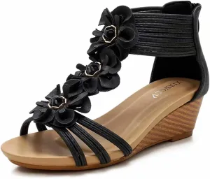 Wedge Sandals for Women Casual Summer Bohemian Rhinestone Beaded Platform Sandals Breathable Cutout Open Toe Elastic Band Dress Sandals Comfy Elastic Slingback T Strap Mid Heeled Beach Sandals