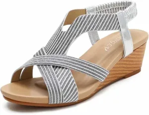 Wedge Sandals for Women Casual Summer Bohemian Rhinestone Beaded Platform Sandals Breathable Cutout Open Toe Elastic Band Dress Sandals Comfy Elastic Slingback T Strap Mid Heeled Beach Sandals