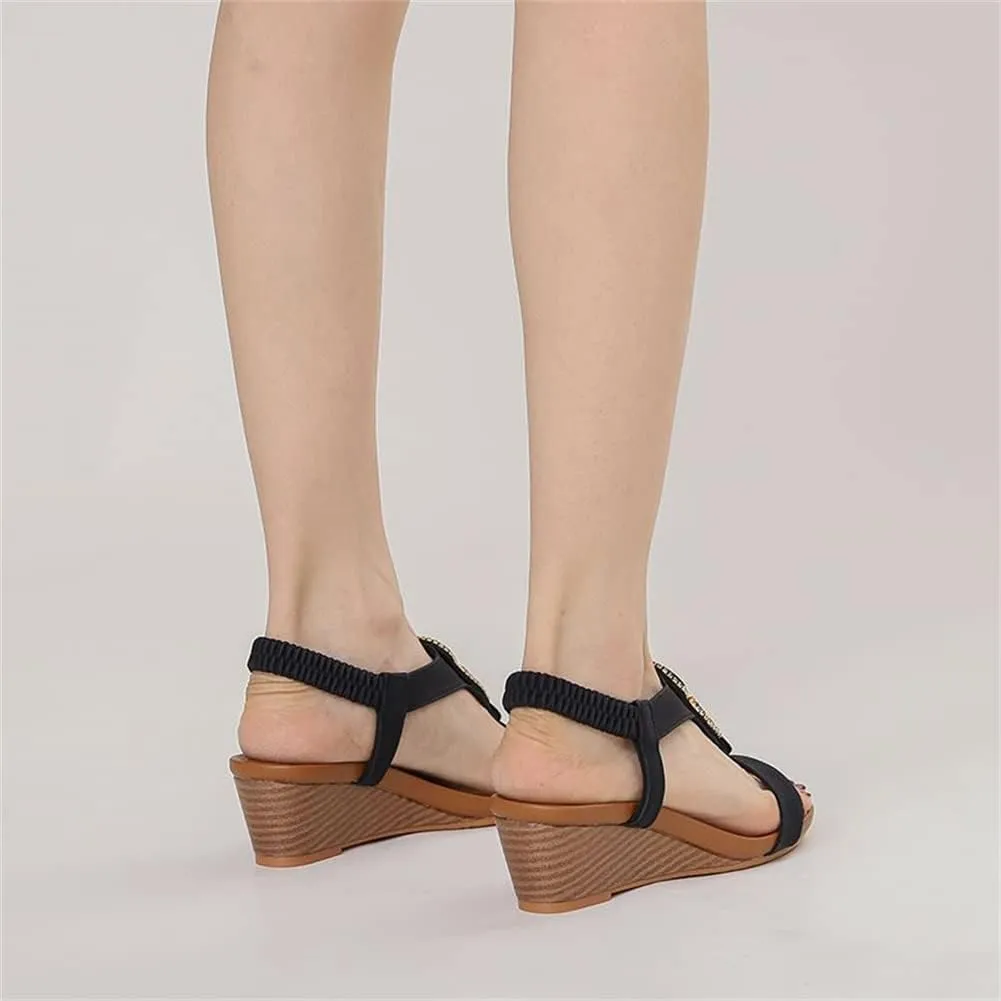 Wedge Sandals for Women Casual Summer Bohemian Rhinestone Beaded Platform Sandals Breathable Cutout Open Toe Elastic Band Dress Sandals Comfy Elastic Slingback T Strap Mid Heeled Beach Sandals