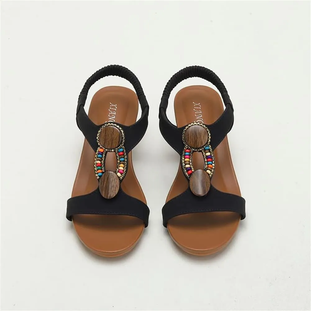 Wedge Sandals for Women Casual Summer Bohemian Rhinestone Beaded Platform Sandals Breathable Cutout Open Toe Elastic Band Dress Sandals Comfy Elastic Slingback T Strap Mid Heeled Beach Sandals