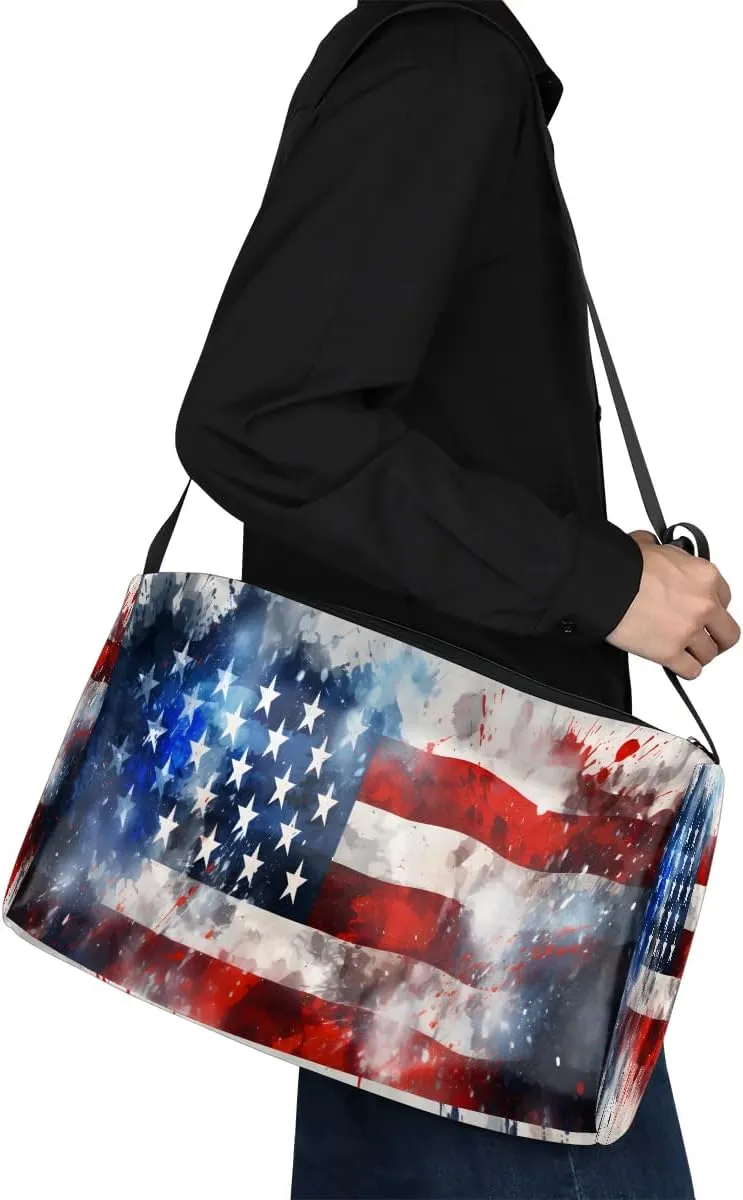 Weekend Bag America Flag Retro Prints Lightweight Carry On Duffel Bag Waterproof Gym Bag Pu Leather Duffle Bag for Workout Travel Sport