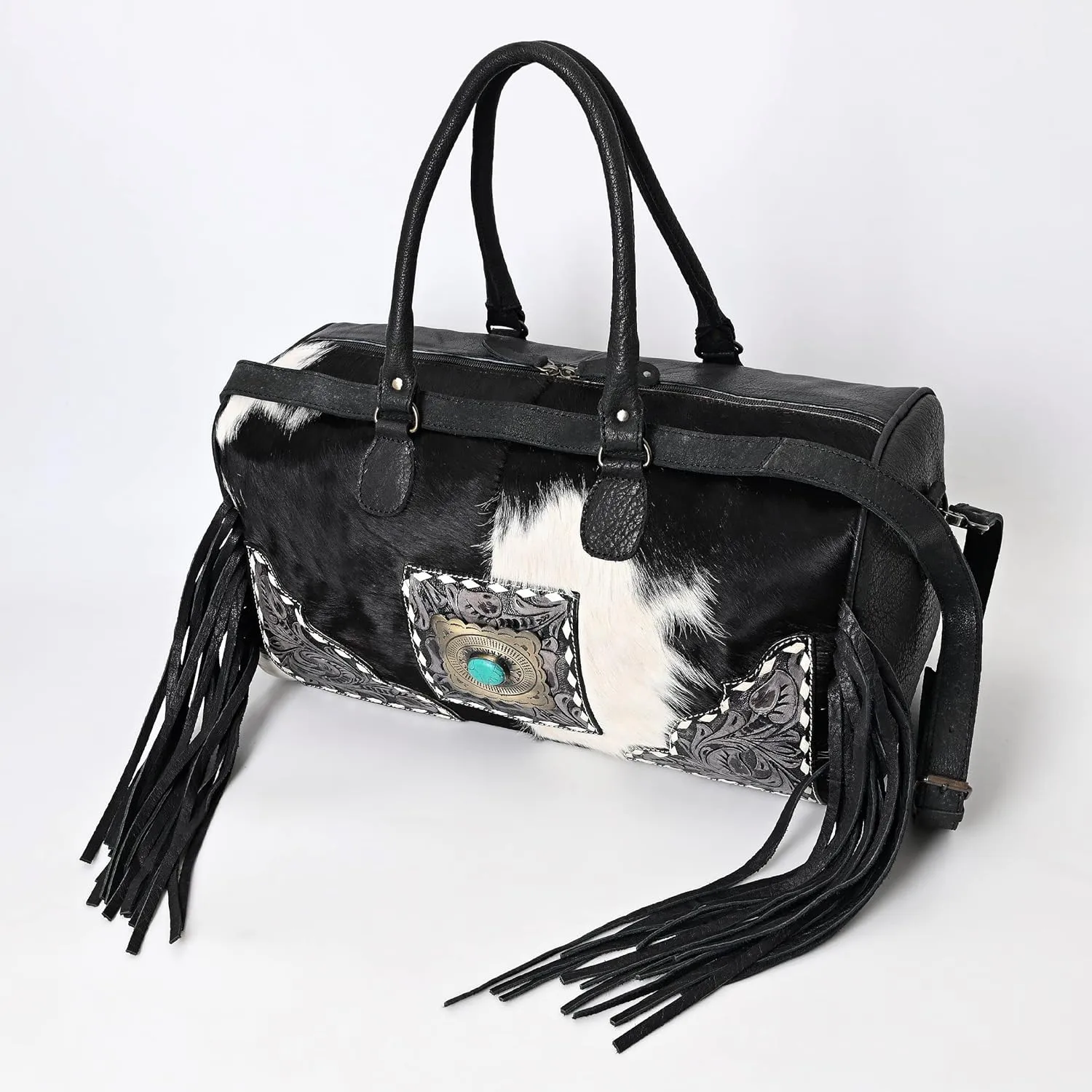Weekender Duffle Bag For Women Large Travel Tote Bag Overnight, Cowhide Tooled Harness with Tassel Leather Bag