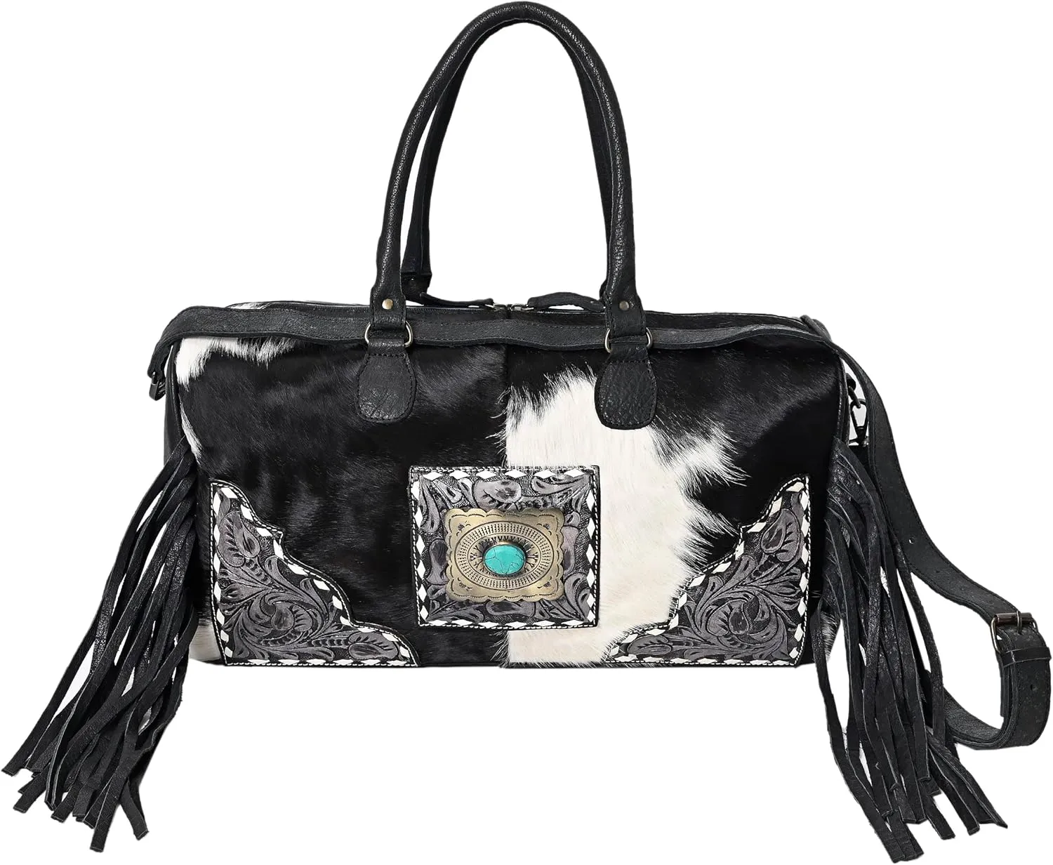 Weekender Duffle Bag For Women Large Travel Tote Bag Overnight, Cowhide Tooled Harness with Tassel Leather Bag