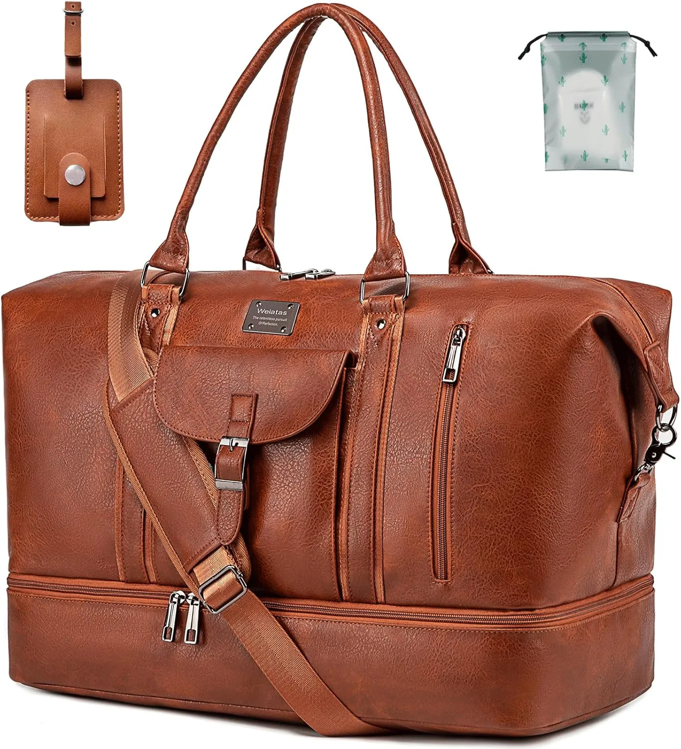 weiatas Leather Travel Duffel Bag for Women Men, Large Weekender Overnight Bag with Shoes Compartment, Waterproof Carry On Bag Travel Tote Bag Gym Bag with Luggage Strap (Brown)