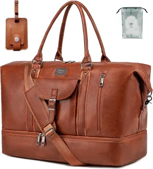 weiatas Leather Travel Duffel Bag for Women Men, Large Weekender Overnight Bag with Shoes Compartment, Waterproof Carry On Bag Travel Tote Bag Gym Bag with Luggage Strap (Brown)