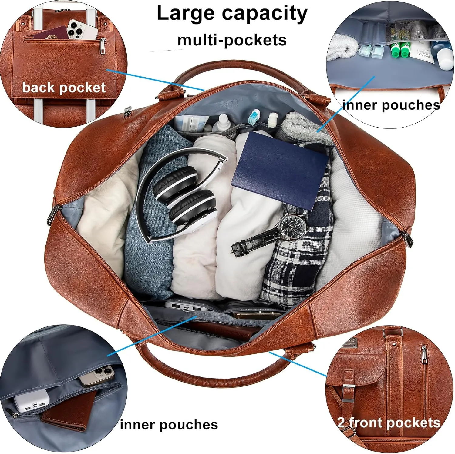 weiatas Leather Travel Duffel Bag for Women Men, Large Weekender Overnight Bag with Shoes Compartment, Waterproof Carry On Bag Travel Tote Bag Gym Bag with Luggage Strap (Brown)
