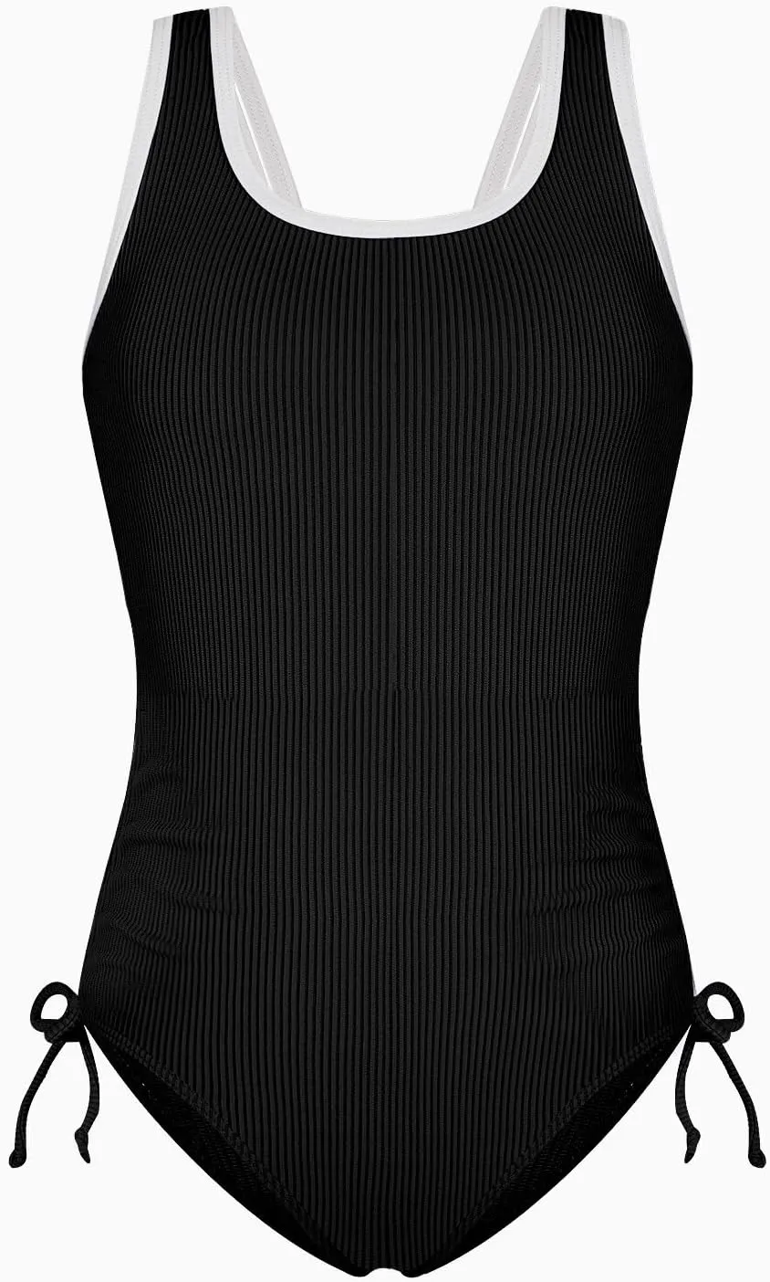 Weixinbuy Girls Swimsuit Ribbed Bathing Suit for Girls Adjustable Strap Color Block Summer Beach One Piece Swimsuit