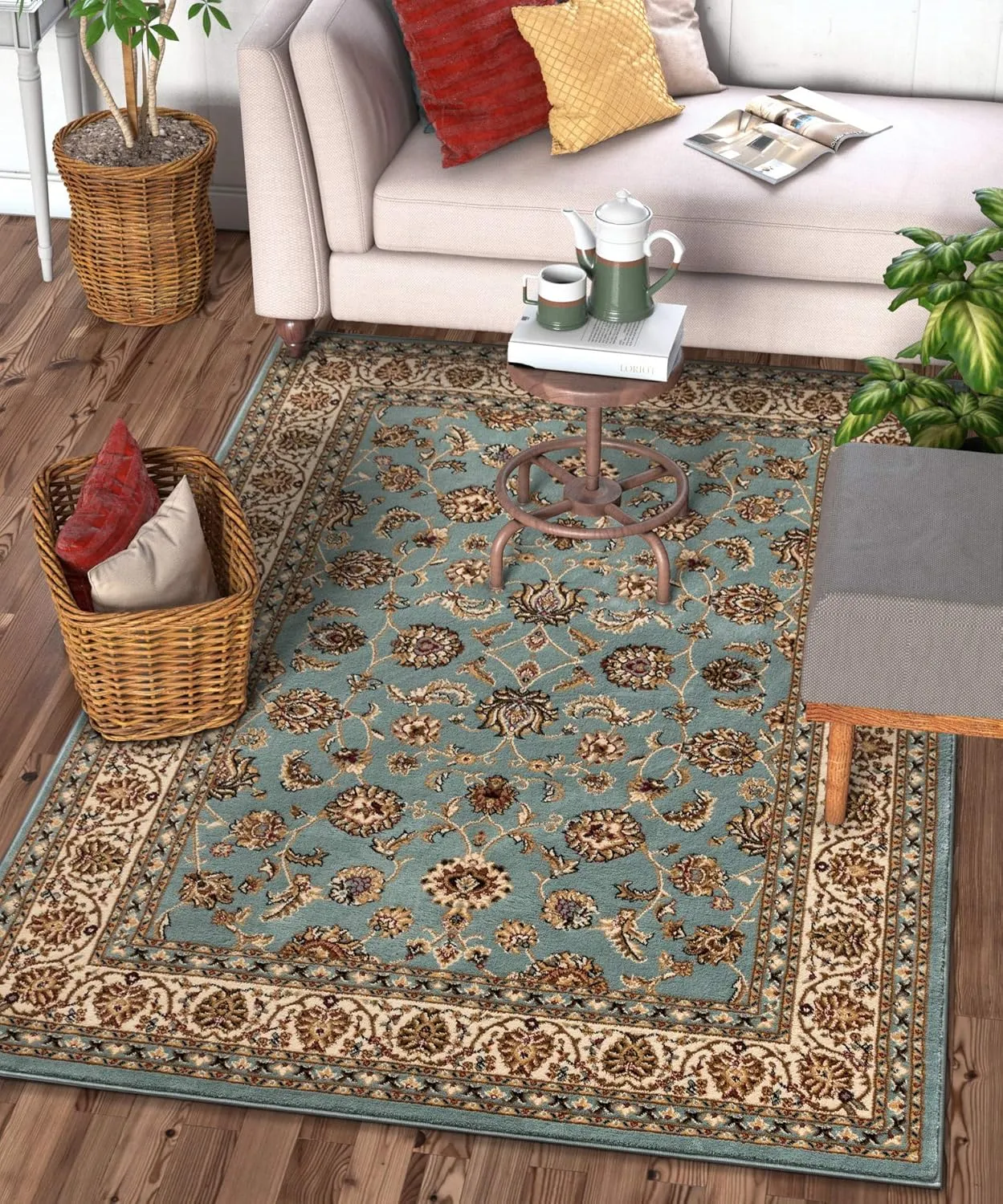 Well Woven Barclay Collection Sarouk Light Blue 5x7 Area Rug - for Living Room, Bedroom, and Dining Room