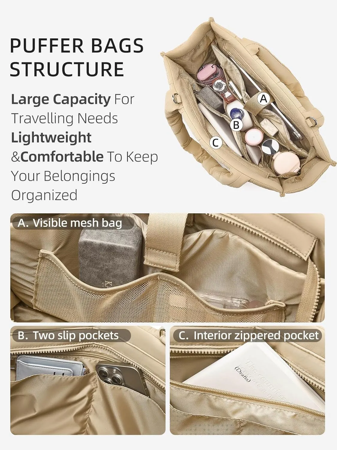 WESTBRONCO Puffer Crossbody bags for Women Puffy Quilted Tote Handbags Nylon Weekender Overnight Bag with Adjustable Strap