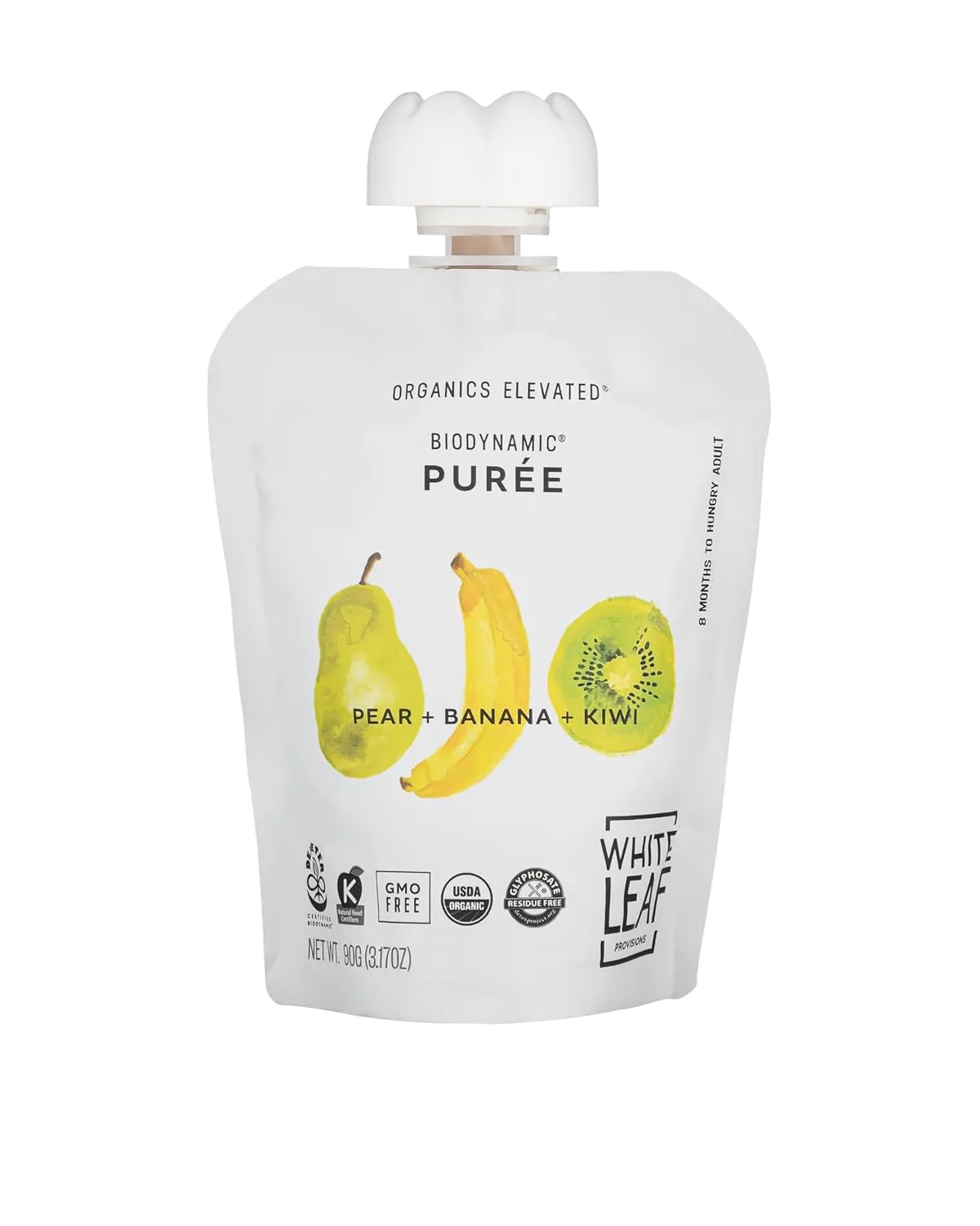 White Leaf Provisions Organic Purees / Baby Food Pouches - Fruits, Veggies & Grains, Toddler snack, Regeneratively Farmed, No Added Sugar, Non-GMO, BPA-Free Pouches 3.17 oz (Pack of 24, Pear   Banana   Kiwi)