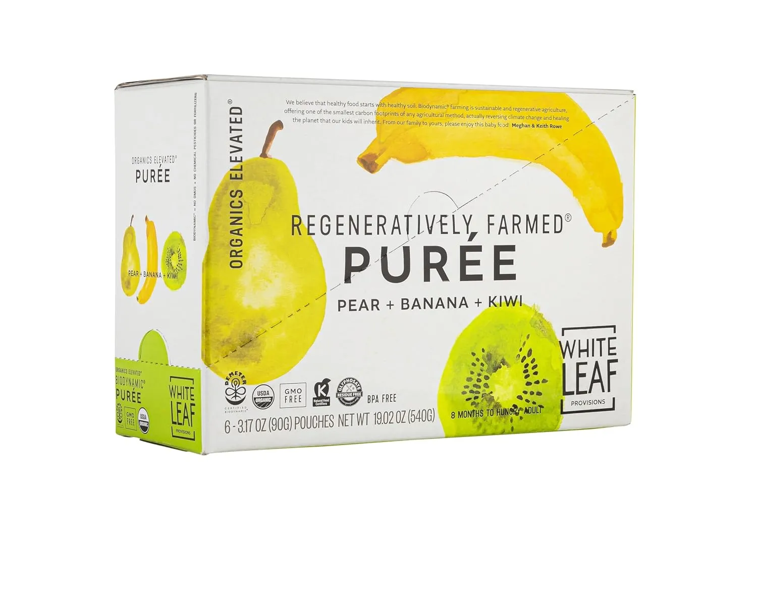 White Leaf Provisions Organic Purees / Baby Food Pouches - Fruits, Veggies & Grains, Toddler snack, Regeneratively Farmed, No Added Sugar, Non-GMO, BPA-Free Pouches 3.17 oz (Pack of 24, Pear   Banana   Kiwi)