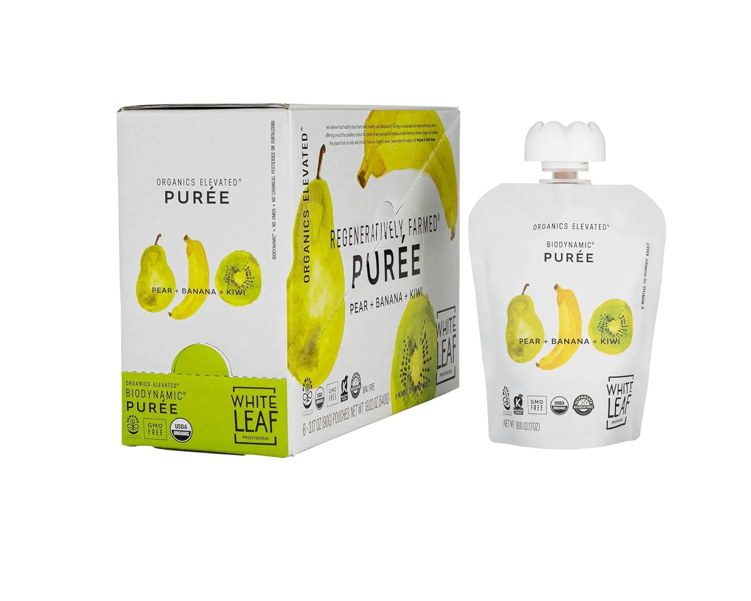 White Leaf Provisions Organic Purees / Baby Food Pouches - Fruits, Veggies & Grains, Toddler snack, Regeneratively Farmed, No Added Sugar, Non-GMO, BPA-Free Pouches 3.17 oz (Pack of 24, Pear   Banana   Kiwi)