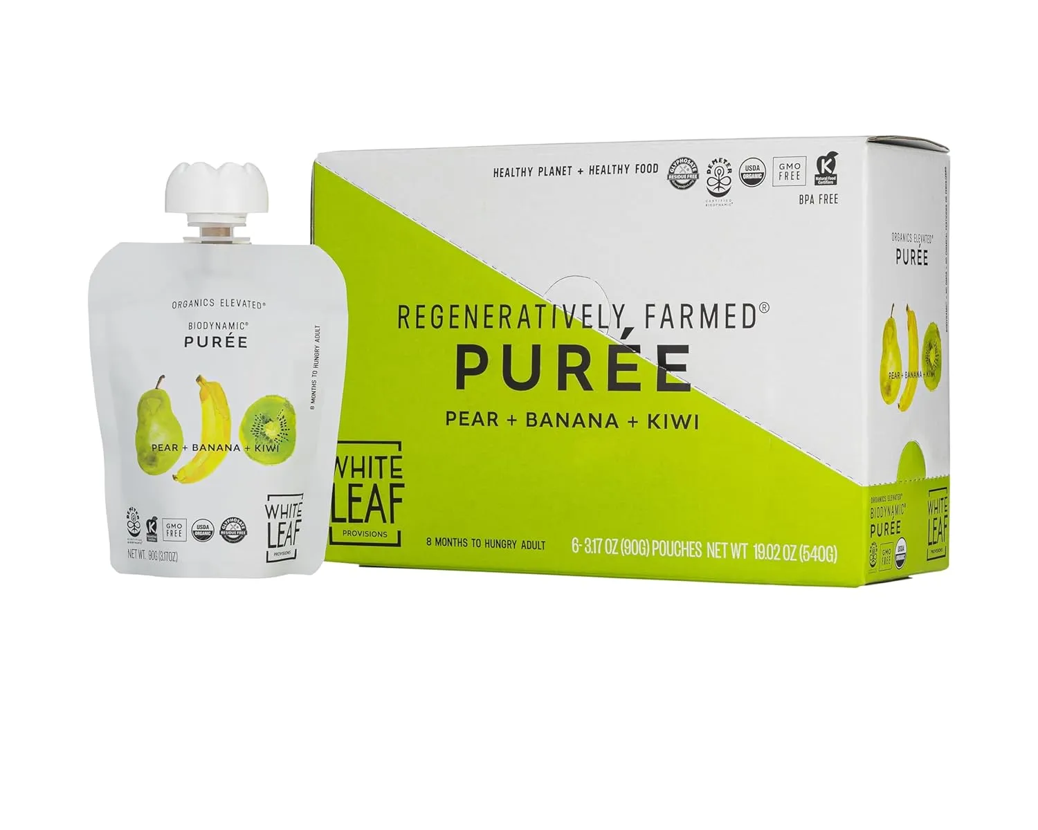 White Leaf Provisions Organic Purees / Baby Food Pouches - Fruits, Veggies & Grains, Toddler snack, Regeneratively Farmed, No Added Sugar, Non-GMO, BPA-Free Pouches 3.17 oz (Pack of 24, Pear   Banana   Kiwi)