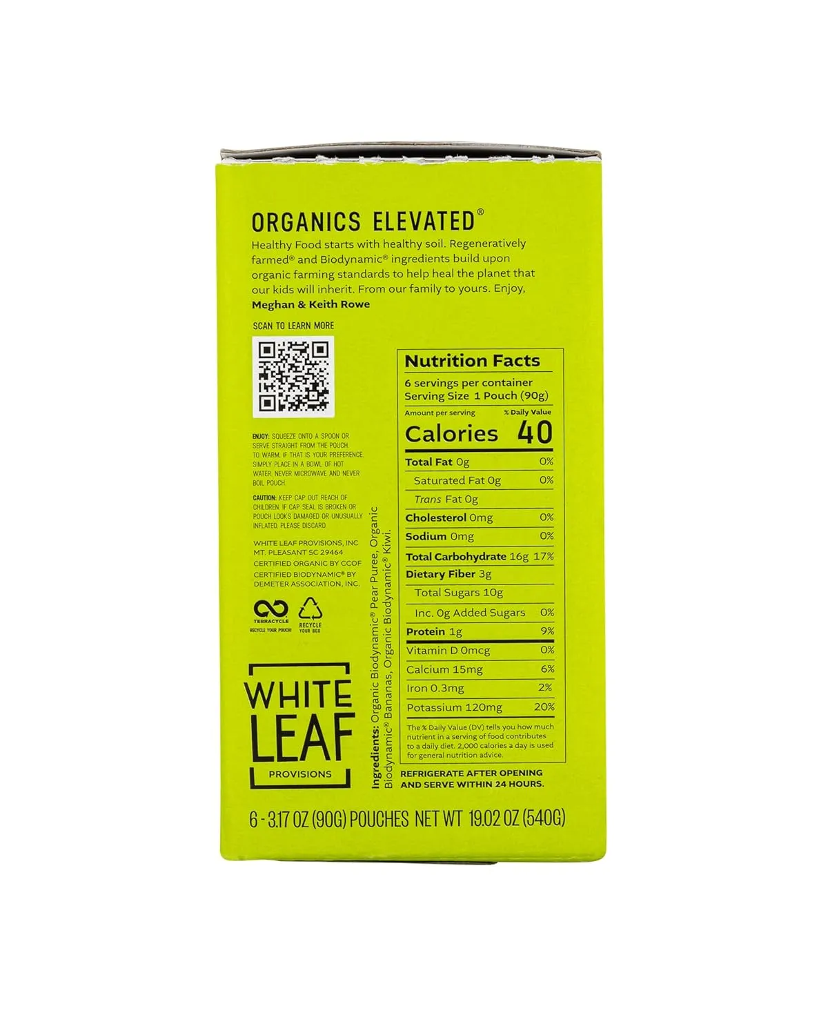 White Leaf Provisions Organic Purees / Baby Food Pouches - Fruits, Veggies & Grains, Toddler snack, Regeneratively Farmed, No Added Sugar, Non-GMO, BPA-Free Pouches 3.17 oz (Pack of 24, Pear   Banana   Kiwi)
