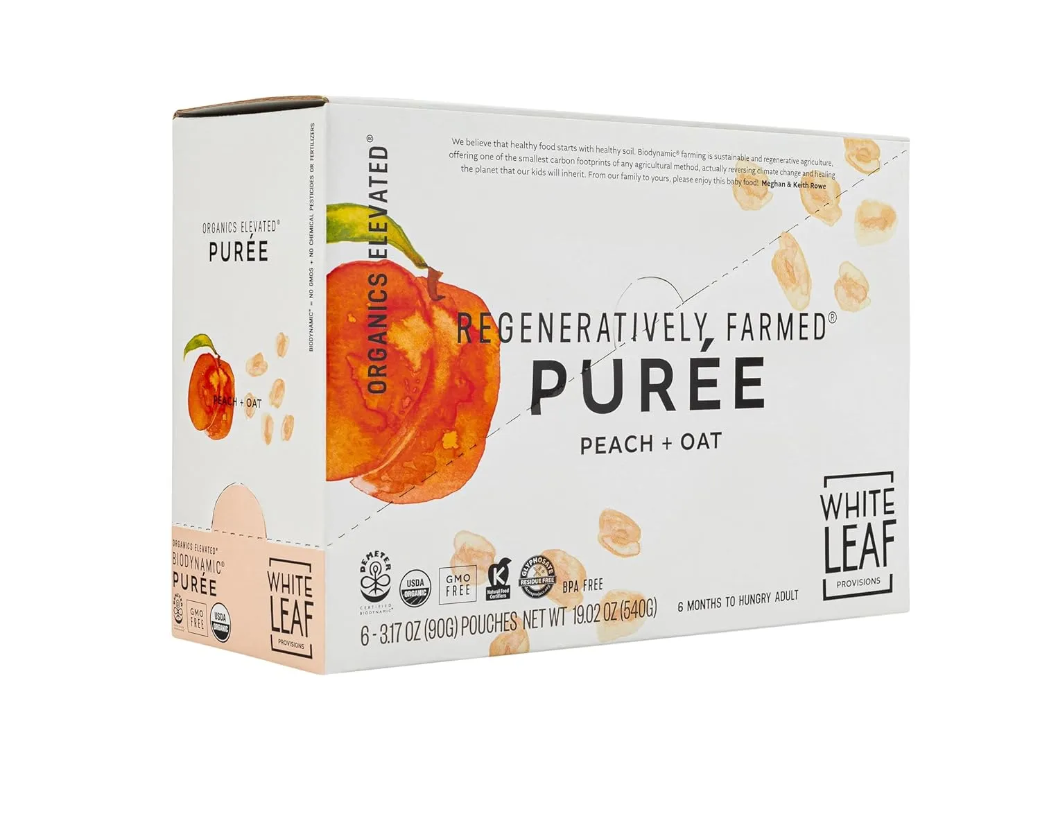 White Leaf Provisions Organic Purees/Baby Food Pouches - Fruits, Veggies & Grains, Toddler snack, Regeneratively Farmed, No Added Sugar, Non-GMO, BPA-Free Pouches 3.17 oz (Pack of 24, Peach   Oat)