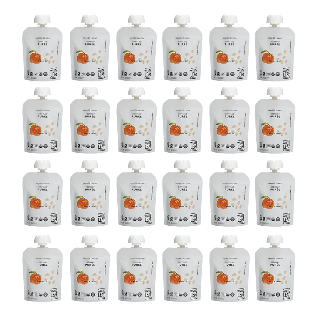 White Leaf Provisions Organic Purees/Baby Food Pouches - Fruits, Veggies & Grains, Toddler snack, Regeneratively Farmed, No Added Sugar, Non-GMO, BPA-Free Pouches 3.17 oz (Pack of 24, Peach   Oat)