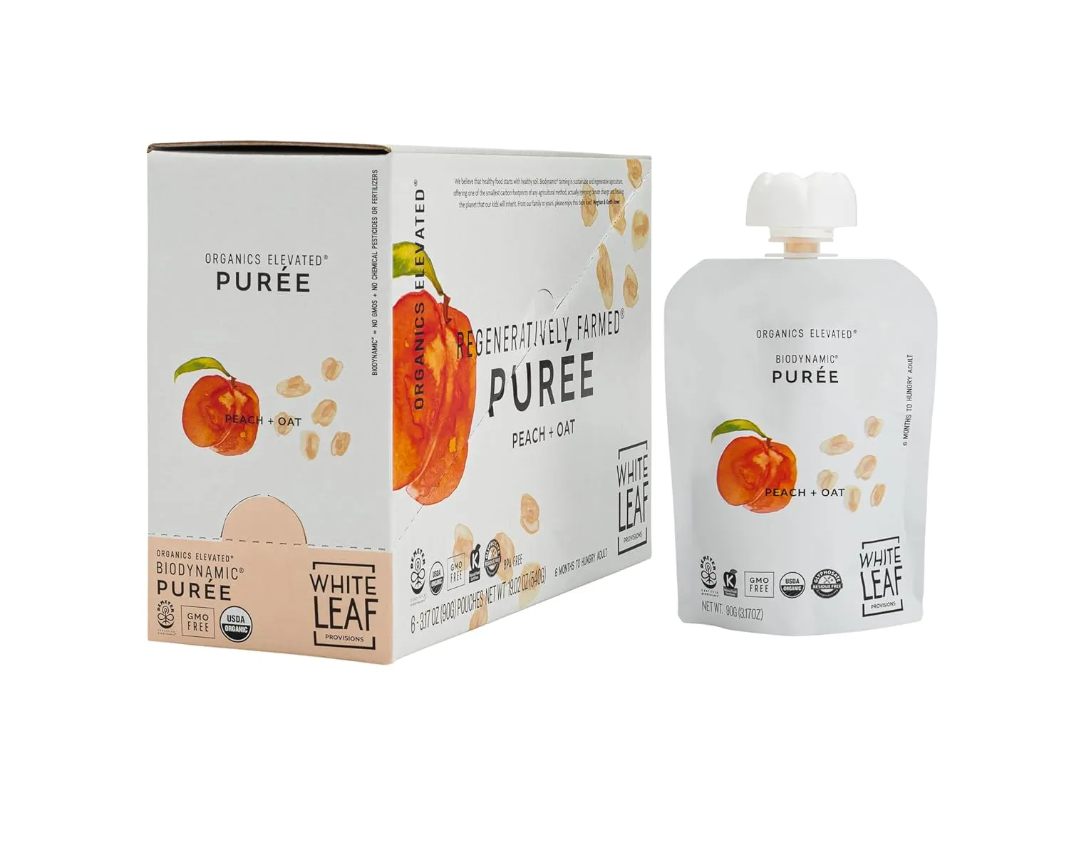 White Leaf Provisions Organic Purees/Baby Food Pouches - Fruits, Veggies & Grains, Toddler snack, Regeneratively Farmed, No Added Sugar, Non-GMO, BPA-Free Pouches 3.17 oz (Pack of 24, Peach   Oat)