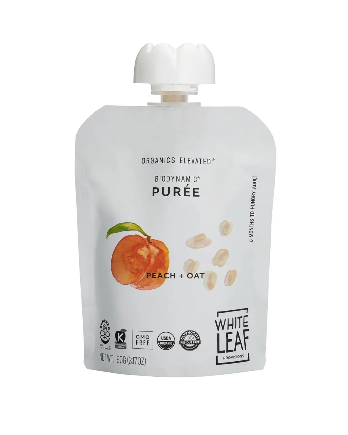 White Leaf Provisions Organic Purees/Baby Food Pouches - Fruits, Veggies & Grains, Toddler snack, Regeneratively Farmed, No Added Sugar, Non-GMO, BPA-Free Pouches 3.17 oz (Pack of 24, Peach   Oat)