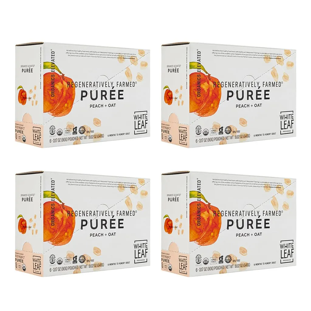 White Leaf Provisions Organic Purees/Baby Food Pouches - Fruits, Veggies & Grains, Toddler snack, Regeneratively Farmed, No Added Sugar, Non-GMO, BPA-Free Pouches 3.17 oz (Pack of 24, Peach   Oat)