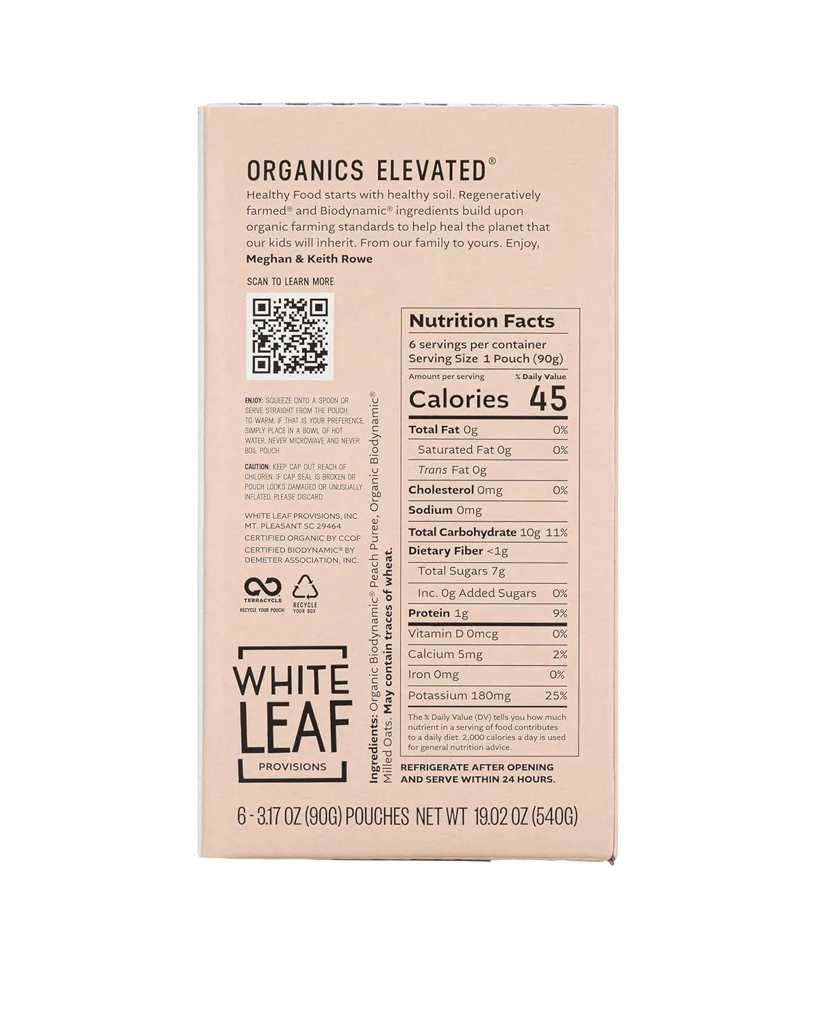 White Leaf Provisions Organic Purees/Baby Food Pouches - Fruits, Veggies & Grains, Toddler snack, Regeneratively Farmed, No Added Sugar, Non-GMO, BPA-Free Pouches 3.17 oz (Pack of 24, Peach   Oat)