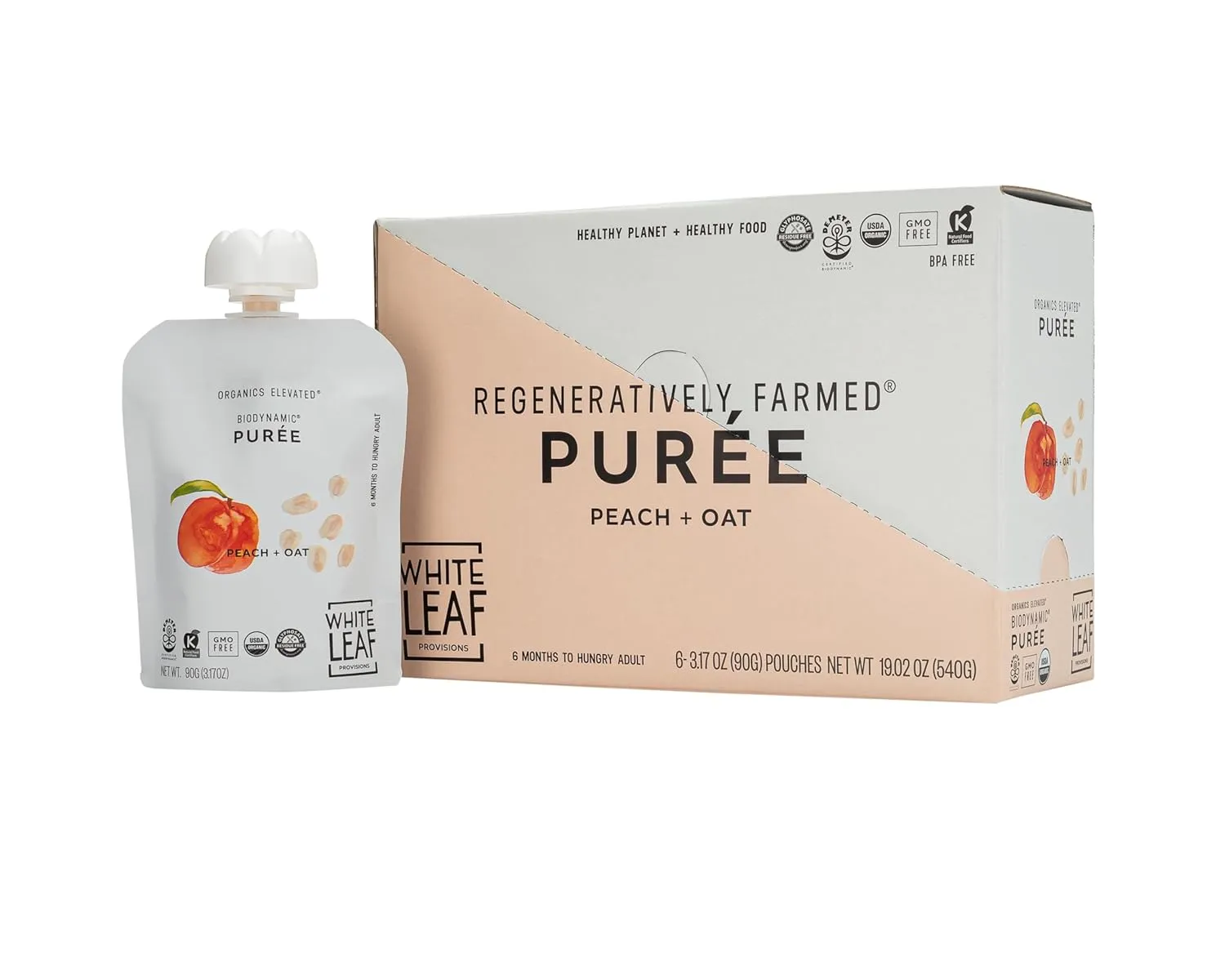 White Leaf Provisions Organic Purees/Baby Food Pouches - Fruits, Veggies & Grains, Toddler snack, Regeneratively Farmed, No Added Sugar, Non-GMO, BPA-Free Pouches 3.17 oz (Pack of 24, Peach   Oat)