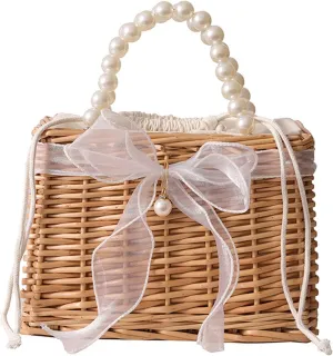 Wicker Basket Lace Ribbon Handbag Vacation Wedding Woven Handbag Drawstring Inner Pouch Daily Use Gift