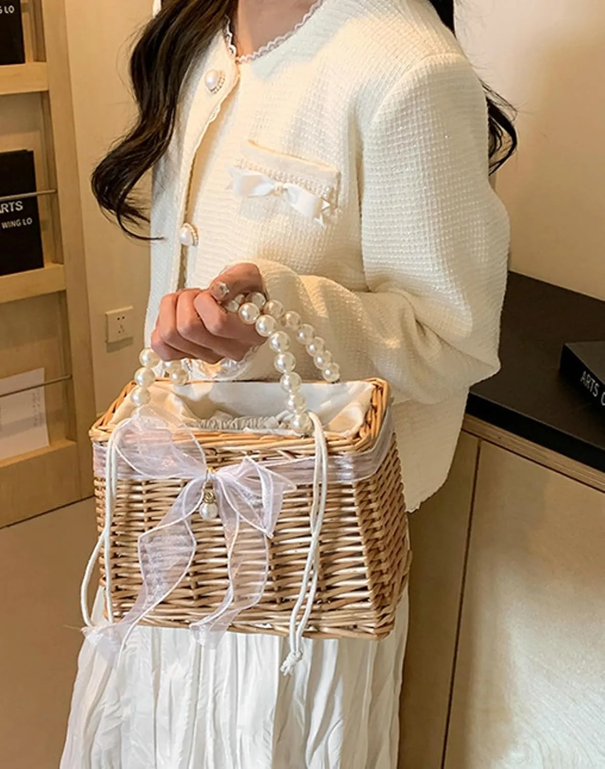 Wicker Basket Lace Ribbon Handbag Vacation Wedding Woven Handbag Drawstring Inner Pouch Daily Use Gift