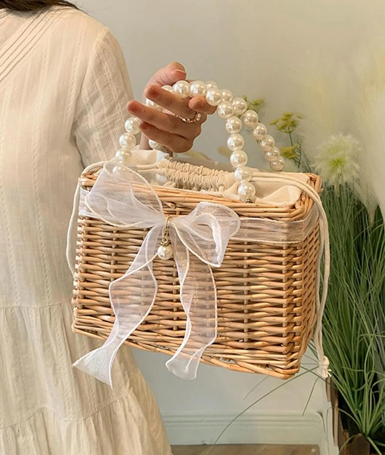 Wicker Basket Lace Ribbon Handbag Vacation Wedding Woven Handbag Drawstring Inner Pouch Daily Use Gift